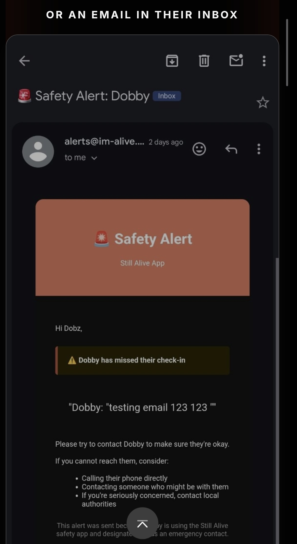Email alert from alerts@im-alive.net