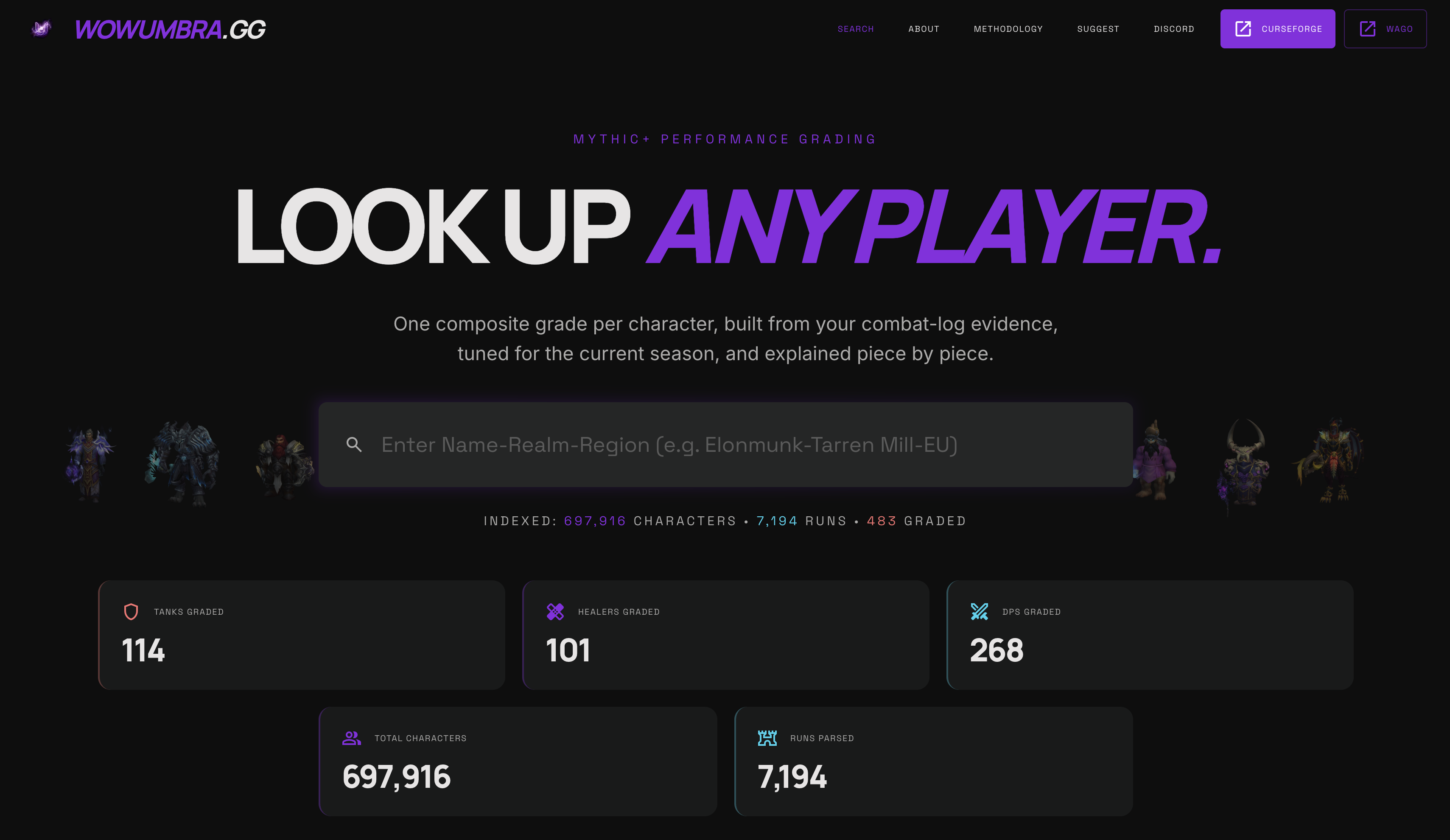 wowumbra.gg — Mythic+ performance grading homepage with 697,916 characters indexed
