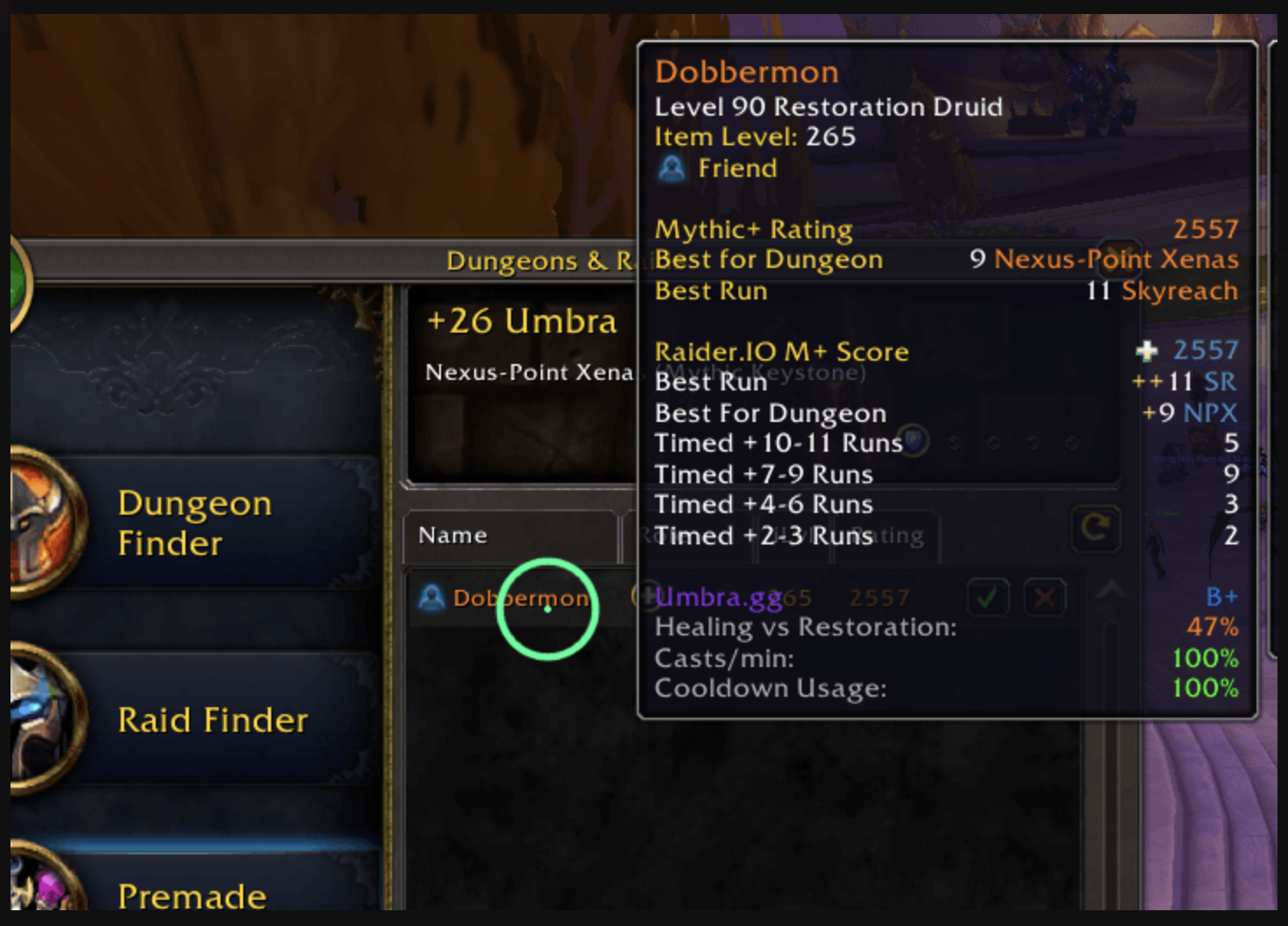 Player tooltip in Dungeon Finder — Mythic+ grade panel for the hovered character