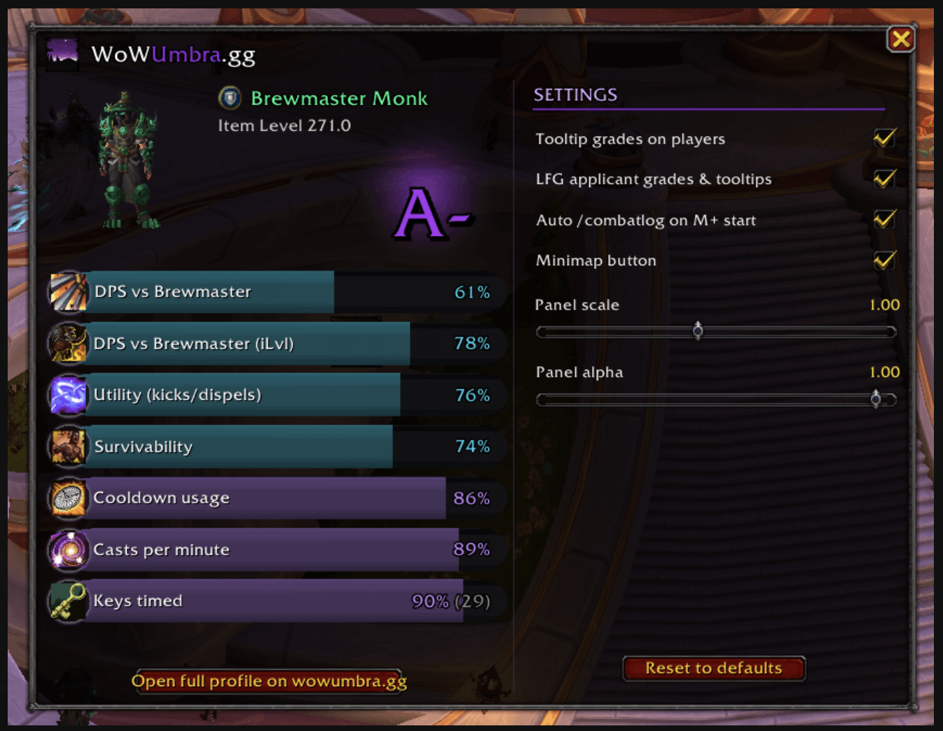 Settings panel — tooltip, LFG, auto-/combatlog, minimap, panel scale and alpha